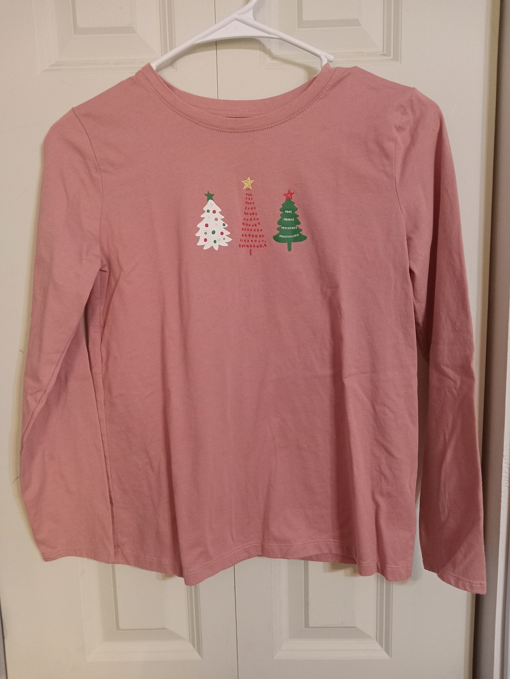 Holiday Time Pink Long-Sleeve Tee with Festive Tree Trio